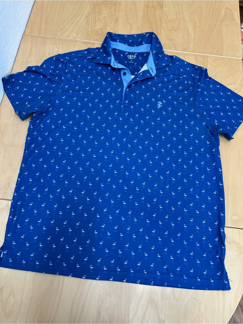 Izod Golf Royal Blue Polo with Small pink flamingo print size L